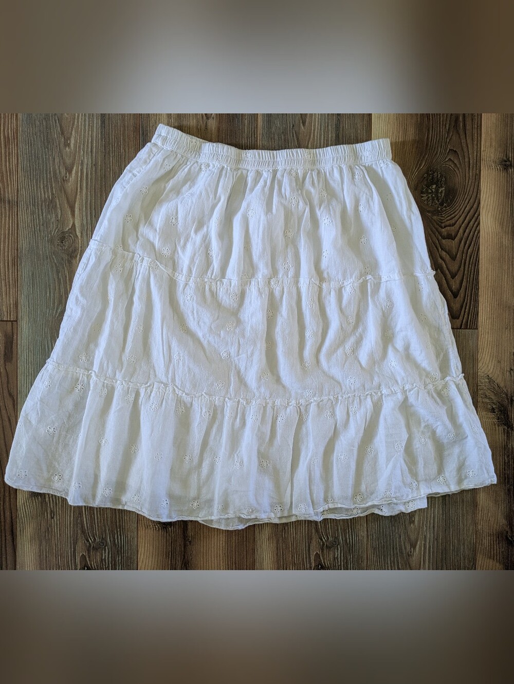 Studio West White Floral Embroidered Boho Ruffle Lined Cotton Midi Skirt Large
